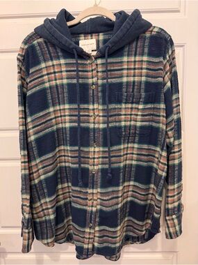 American Eagle Outfitters Navy Plaid Button-Down Hoodie Shirt